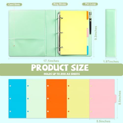 2 Pack Mini Size 3 Ring Binder 1 inch Rings 5 Colors Dividers Pu Leather Binders 5.5" X 8.5" Holds 200 Sheets Paper Three Ring Binder DRing with Pen Loop 1 Pockets School Office (Green&Blue) - color: Green&blue, size: 1"D Ring