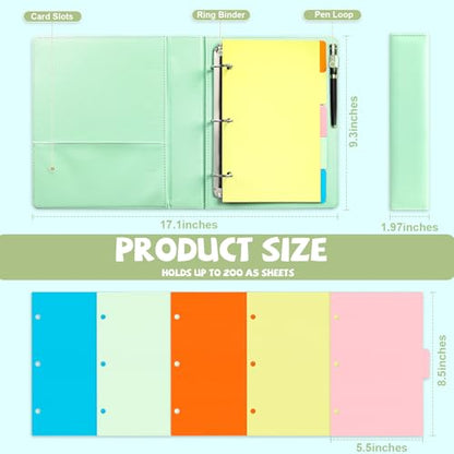 2 Pack Mini Size 3 Ring Binder 1 inch Rings 5 Colors Dividers Pu Leather Binders 5.5" X 8.5" Holds 200 Sheets Paper Three Ring Binder DRing with Pen Loop 1 Pockets School Office (Green&Blue) - color: Green&blue, size: 1"D Ring