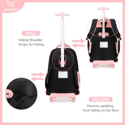 DIGOBAY Rolling Backpack for Girls, Cute Roller School Bag with Wheels, Kids Wheeled Backpacks Set with Lunch Bag Pencil Case for Teen Girls Kindergarten Elementary Middle School - color: Black-pink