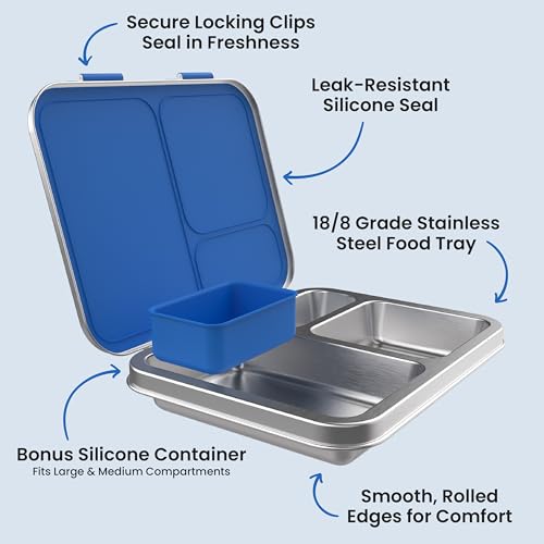 Bentgo Kids Stainless Steel Leak-Resistant Lunch Box - 3-Compartments with Bonus Silicone Container, Durable, Eco-Friendly, Dishwasher Safe, BPA-Free, Ideal for School, Ages 3+ (Blue) - color: Blue