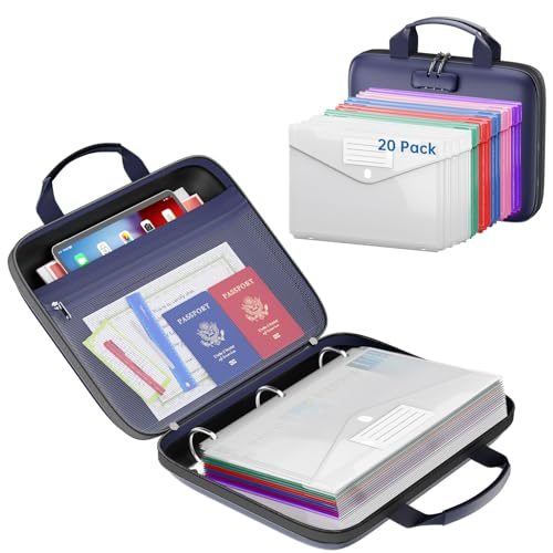 Binder Folders Organizer with 20 Pack Heavyweight Plastic Pockets,Fireproof File Folder Box with Lock,Zipper Binder Bag for Important Documents,Letter Size,Blue - color: Blue