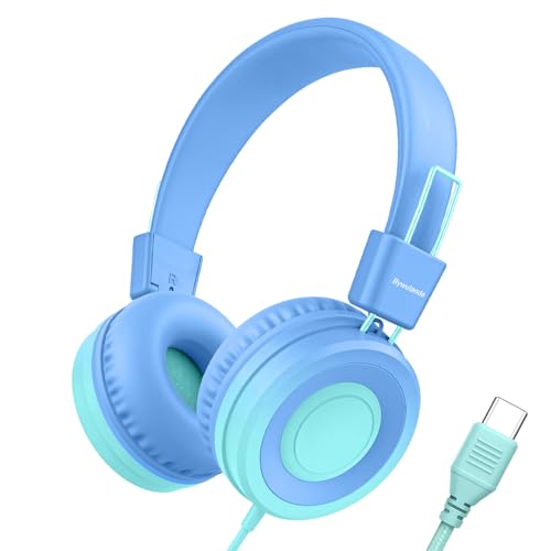 Bywulanda USB Type C Kids Headphone for School, 94dB Safe Volume Limited, Foldable Stereo Sound Tangle-Free Type C Cord, On-Ear Headphones for Boys/Girls/Students/Tablet/Travel(Gradient Blue) - color: Gradient Blue