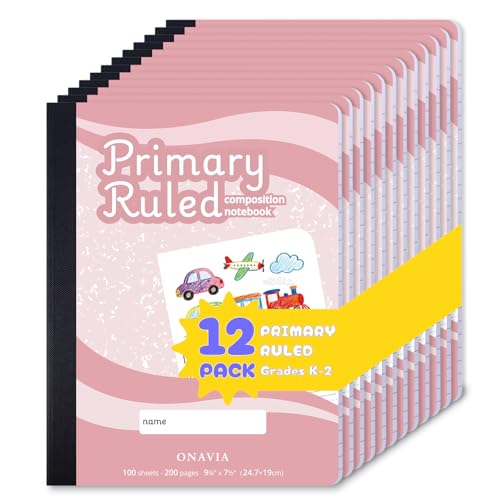 ONAVIA Pink Primary Composition Notebook K-2 Bulk, Drawing Space, 200 Pages | 100 Sheets, 9.75 x 7.5 in, 12 Pack, Draw and Write Primary Composition book, Kindergarten Writing Journal - color: Pink, style: 12 Pack