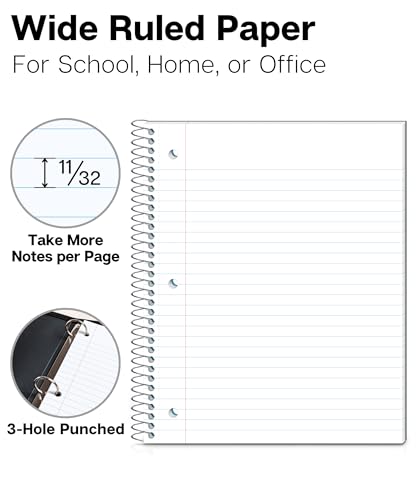 Dunwell 1 Subject Spiral Notebook, Blue Plastic Cover, 100 Sheets (200 Pages) 8x10.5 Paper, Wide Ruled Composition Notebooks with Poly Pocket Dividers, 3-Hole Punch Perforated Pages - color: Blue
