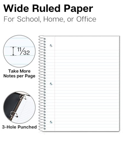 Dunwell 1 Subject Spiral Notebook, Blue Plastic Cover, 100 Sheets (200 Pages) 8x10.5 Paper, Wide Ruled Composition Notebooks with Poly Pocket Dividers, 3-Hole Punch Perforated Pages - color: Blue
