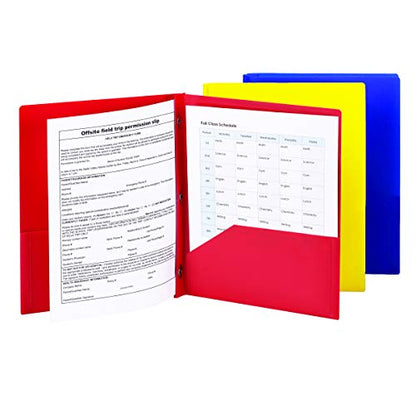 Smead Poly Two-Pocket Folder, Three-Hole Punch Prong Fasteners, Letter Size, Red, Yellow, Blue, 6 Folders Total (87746) - color: Red, Blue, Yellow
