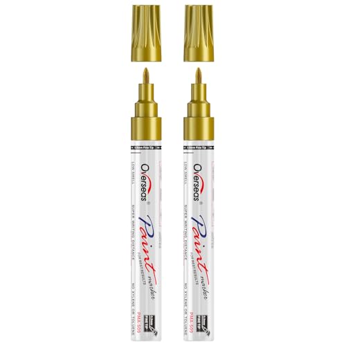 Overseas Gold Oil Based Paint Markers, 2 Fine Tip Permanent Paint Pens | 0.9mm Fine Nib, Waterproof, Quick Dry, Fade Resistant, Oil Marker Pen for Metal, Rubber, Wood, Plastic, Rock, Glass, Canvas - color: Gold
