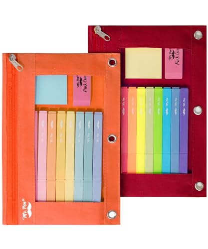 Mr. Pen- Pencil Pouch for 3 Ring Binder, 2 Pack, 10"x6.75", Smooth Zipper | Clear Window, Large Capacity Pencil Case with 3 Reinforced Grommets for School, Office, Supplies Storage | Clear Window, Large Capacity Pencil Case with 3 Reinforced Grommets for