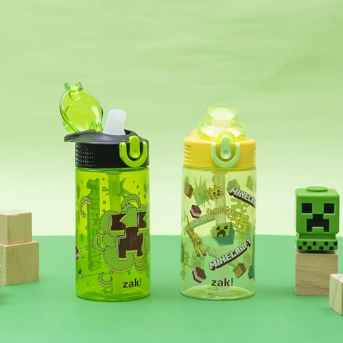 Zak Designs Minecraft Sage Kids Water Bottle For School or Travel, 16oz Durable Plastic Water Bottle With Straw, Handle, and Leak-Proof, Pop-Up Spout Cover, 2-Pack Set (Creeper) - color: Minecraft (Creeper)