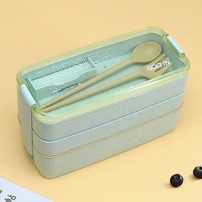 Adult Lunch Box Square 3 Compartment 900ML Sealed Bento Box 3 Layers All-in-One Stackable Bento Box Containers with Fork Spoon for Home Travel Office Plastic Lunch Box (Green)