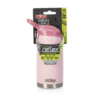 Nuby Thirsty Kids No Spill Flip-It Reflex Stainless Steel Travel Cup or Water Bottle - 10 Oz - 18+ Months - Pink - Back to School Essentials - size: 10.1 Ounces, style: Pink