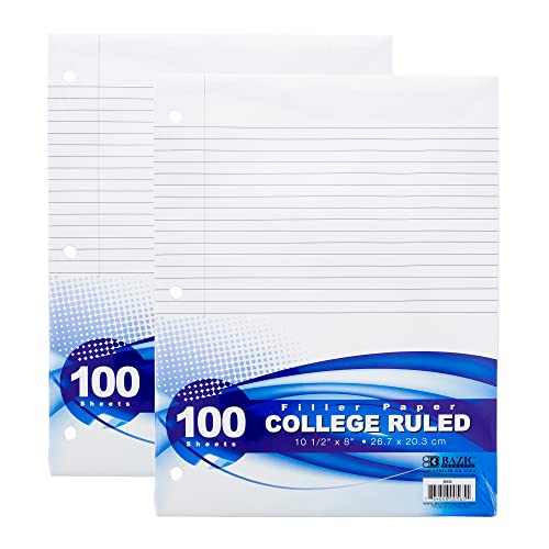 BAZIC Products College-Ruled Filler Paper, 100 Sheets, 2-Pack | 10.5 x 8 in, 3-hole punched, fit 3-ring binders, notes and homework - color: College Ruled (100 Sheets), size: 2-Pack