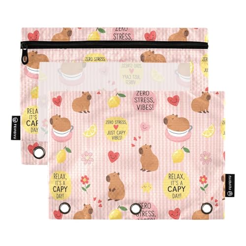 Emelivor Cute Capybara Stirpe Pencil Pouch for 3 Ring Binder 2 Pcs Binder Pouches with Zipper Pocket Pencil Case Bag with Clear Window for Office Work College Home Supplies - color: 20-Capybara Stirpe