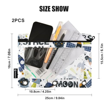ZAZYXTJ Space Binder Pencil Pouchs 3 Ring with Zipper Clear Window | Office Organizers bag for School Students Teacher Supplies 2 Pack - color: Spaces