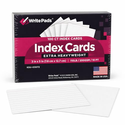 Heavyweight 3x5 Index Cards, Extra Thick Note Cards, Front Lined Back Blank Flash Cards, 110lb / 200gsm / 10pt Cardstock, 100 Sheets, Made in USA, for Studying, Classroom, Office Notes & Organization - color: White 3X5-100 Sheets Heavyweight
