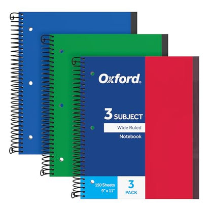 Oxford Spiral Notebook 3 Pack, 3 Subject, Wide Rule, Durable Plastic Covers, Strong Coil, 3 Durable Pockets, 8.5 x 11, 150 Sheets, Red, Green, Blue (89804) - size: 3 Count (Pack of 1)