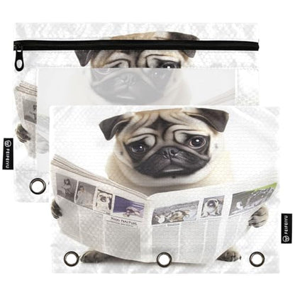 Studying 2 Pack Funny Pug Dog Reading Newspaper White 3 Ring Binder Pencil Pouch Bags,Clear Window Zipper Storage Case for Boys Girls School Office Supplies Cosmetics Organizers - color: Multi-french Bulldog
