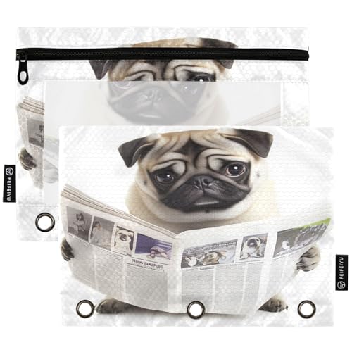 Studying 2 Pack Funny Pug Dog Reading Newspaper White 3 Ring Binder Pencil Pouch Bags,Clear Window Zipper Storage Case for Boys Girls School Office Supplies Cosmetics Organizers - color: Multi-french Bulldog