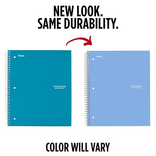 Five Star Spiral Notebook + Study App, 3 Subject, Wide Ruled Paper, 8" x 10-1/2", 150 Sheets, Fights Ink Bleed, Water Resistant Cover, Tidewater Blue (73184) - color: Tidewater Blue, size: 8" x 10-1/2" (Pack of 1)