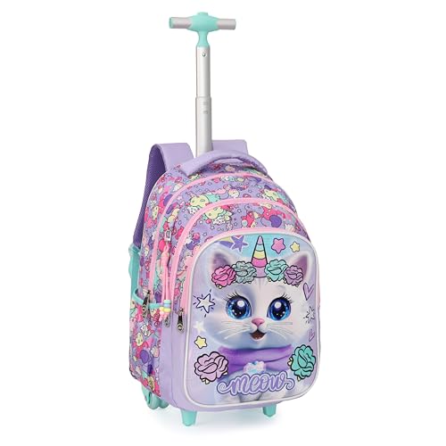 Cartoon Rolling Backpack for Boys Girls, Kids 5 Pcs Wheeled Backpack, Travel Backpack for Elementary Students (Cat Purple) - color: Cat Purple