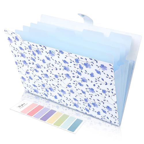 SKYDUE Expanding File Folder with 5 Pockets, Floral Accordion File Organizer for Important Document, Portable Receipt Paper Organizer, School Office Supplies,Blue - color: White Blue