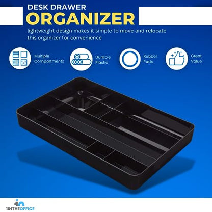 1InTheOffice Desk Drawer Organizer Tray, Desktop 7 Storage Compartment, Plastic, Black 14.13" L x 9.13" W x 2.04" H