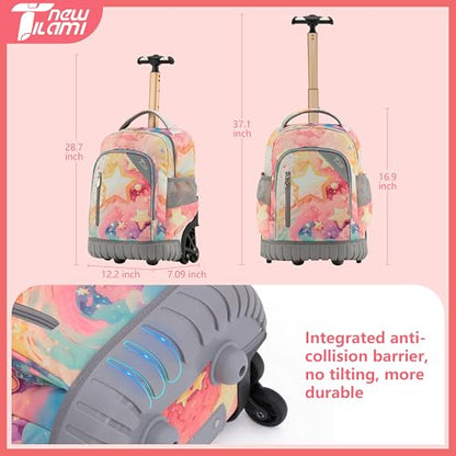 NEW TILAMI 16 Inch Rolling Backpack with Lunch Bag for Kids Adjustable Handle Carry-on Suitcase Wheels for Girls Boys School Travel Camping, Starry Rainbow - color: Starry Rainbow