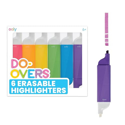OOLY Do-Overs Erasable Highlighters [Set of 6] - Chisel Tip-for Note Taking, Drawing, Art Supplies, School Supplies for Kids of All Ages [Do Over Highlighters]