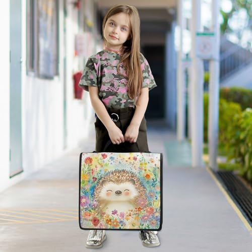 Watercolor Flower Hedgehog Zipper Binder 3 Ring with Handle and Shoulder Strap, 500 Sheet Binder Organizer Capacity & Multi-Pockets for School Office - color: A3593