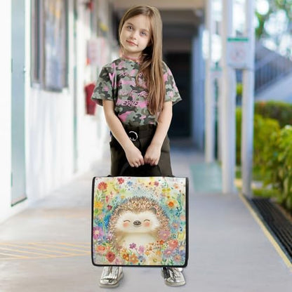 Watercolor Flower Hedgehog Zipper Binder 3 Ring with Handle and Shoulder Strap, 500 Sheet Binder Organizer Capacity & Multi-Pockets for School Office - color: A3593