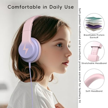 Candy Bila Kids Headphones, Wired Headphones for Kids Over Ear with Microphone, 85/94dB Volume Limiter Headphone for Girls Boys, Foldable Headphone for Learning & Entertainment, Gradient Pink - color: Gradient Pink