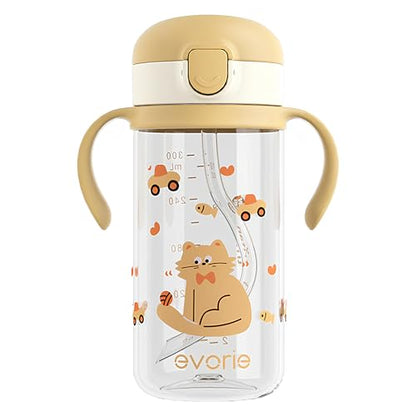 Evorie Tritan Spill Proof Toddler Straw Sippy Cup, 10 oz for Baby and Toddlers 1-3 Years Old, No Spill Straw Water Bottle with Removable Handles, Ideal for School, BPA-Free, Cat (New) - color: Cat