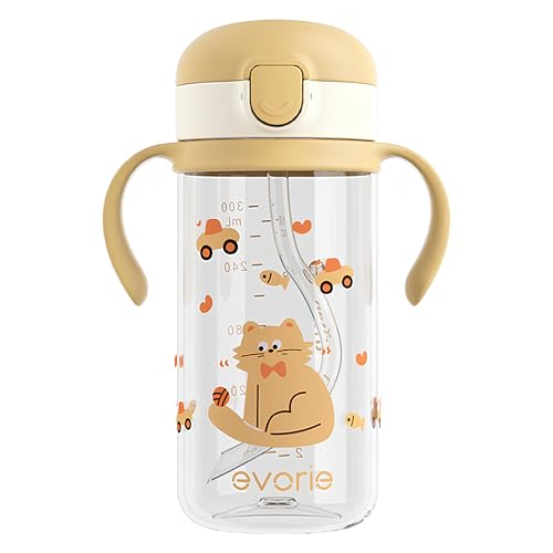 Evorie Tritan Spill Proof Straw Sippy Cups for Toddlers 1–3 Years, 10 Oz | BPA & BPS-Free, Toddler water bottle, Easy grip handles, Dishwasher safe, Durable Tritan, Easy to clean, Cat - color: Cat