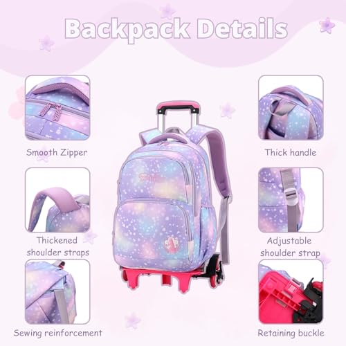 3Pcs Rolling Backpack for Girls Dream Princess Wind Bookbag with Wheels Travel Bag Trolley School Bag with Lunch Box Purple - color: 3 Pcs Purple-2 Wheels, size: 3 Pcs 2 wheels
