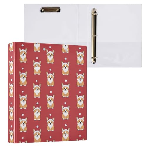Fustylead Cute Corgi in Santa Hat 3 Ring Binder, D-Rings 1.5" Hardcover Folder, Fits 200 Sheets of A4 Paper, Durable Clipboard & Clean View with Inside Pockets for School Home Office - size: 12.4x10.63x2.36 Inch-1 Pack