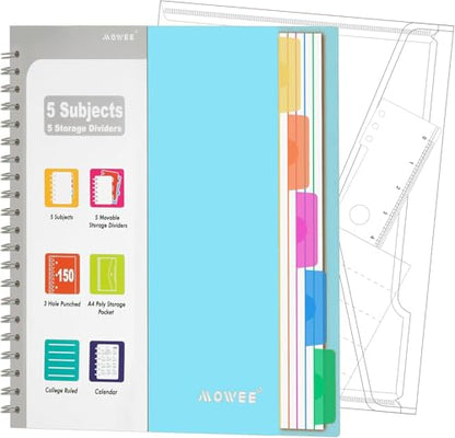 5-Subject Spiral Notebook, College Ruled, with Pocket & Tab Dividers | 300 Pages, 11" Ruler, 8.5"x11" Babyblue, Pocket Dividers with Tab Labels, for Writing Journal, Home, Office & School Supplies - color: Babyblue(300 page)