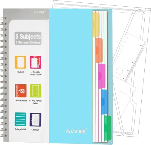 5-Subject Spiral Notebook, College Ruled, with Pocket & Tab Dividers | 300 Pages, 11" Ruler, 8.5"x11" Babyblue, Pocket Dividers with Tab Labels, for Writing Journal, Home, Office & School Supplies - color: Babyblue(300 page)