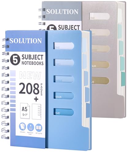 FLYING EAGLE 2 Pcs 5 Subject Notebook College Ruled Small Spiral Notebook 5x7 with Dividers Tabs Waterproof Plastic Cover Thick Paper Notebooks for Work School, Blue+Grey - color: 6.blue+grey, size: 1.A5-College Ruled