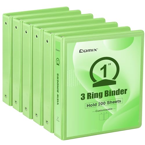 COMIX Standard 3 Ring Binder 1 inch with Clear View Cover, 1" Round Ring View Binder Holds 200 Sheets of US Letter Size Paper, 6 Pack (Light Green) - color: Light Green, size: 1 inch