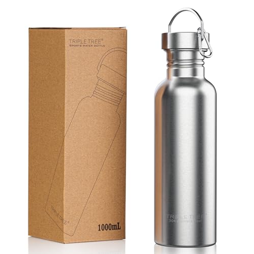 TRIPLE TREE 34 OZ Uninsulated Single Walled Stainless Steel Sports Water Bottle 18/8 Food Grade for Cyclists, Runners, Hikers, Beach Goers, Picnics, Camping - BPA Free - color: uninsulated, size: 34 Ounces