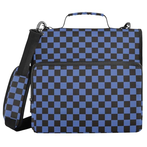 Navy Black Checkered Binder Bag 3 Ring Zipper Binders with Shoulder Strap for School Office Organizer Storage - color: Q018