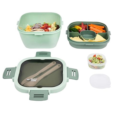 Restaurantware-Bento Tek 57.5 Ounce Bento Box, 1 Reusable Lunch Container - With Fork And Knife, Does Not Contain BPA, Green Plastic Reusable Lunch Box, Microwavable, Dishwashable - size: 1 Count, style: 58 oz - Green