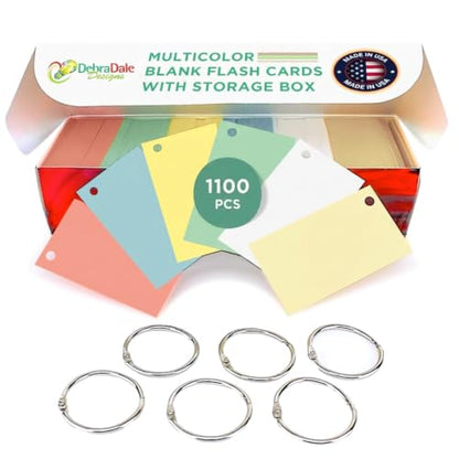 Blank Flash Cards with Rings & Box 1100 White + Pastel 2x3.5 USA Made | For active recall, vocabulary, homeschooling, language learning, exam prep, and spaced repetition. - style: Multi-Color Punched