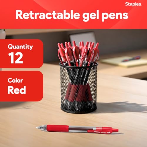 STAPLES Retractable Gel Pens, Fine Point, Red Ink, 12 Pack – Smooth Writing, Quick‑Dry Pens for Notes, Editing & Office Use - color: Red, size: 12 Pack, style: Fine Point