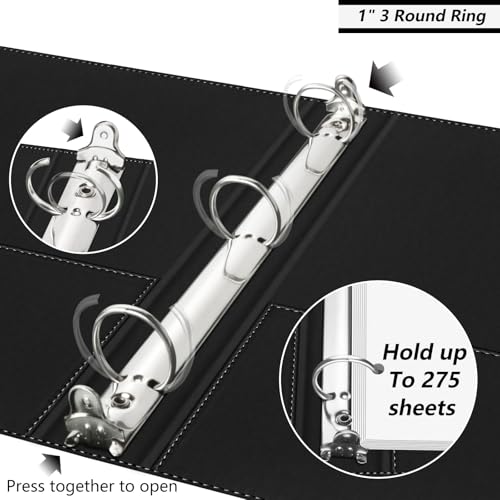 3 Ring Binder, 1 Inch Leather Binders with Clipboards, 5-Tabs Pockets Dividers, 18 Divider Stikers, Plastic Folder, Pen Holder, Three Ring Binder with Pen Holder(Black, Letter Size) - color: Black, size: 1in（Letter Size）