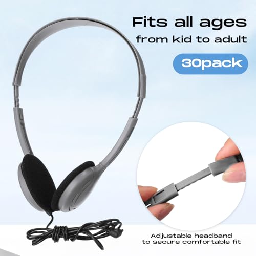 Yunsailing 30 Pack Bulk Over Ear Headphones Set On Ear Headsets Earphones with Adjustable Headband and 3.5mm Plug for Group Learning, Computer Lab, Library, Online Lesson (Grey) - color: Grey