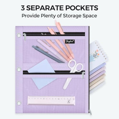 SKYDUE Pencil Pouch for 3 Ring Binder, 3 Compartment Zipper Pencil Case, Large Capacity Pen Organizer with Clear PVC Window for School Supplies, Students, Kids & Teachers - color: Purple