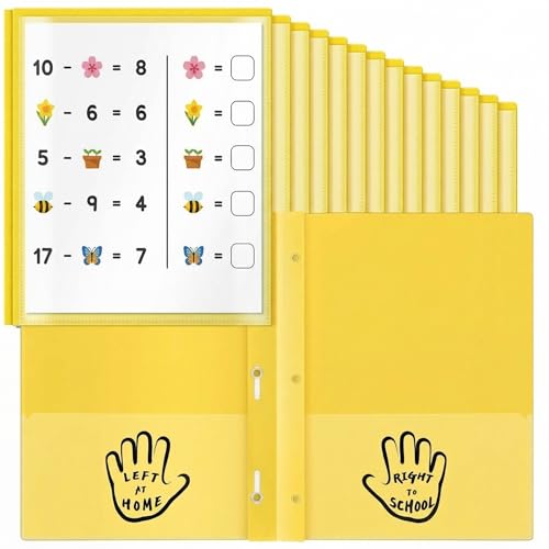 Henoyso 24 Pcs Plastic Folders with Clear Front Pockets and Prongs School to Home File Organizer Plastic Folder for Back to School Parent Teacher Communication Homework Office (Yellow) - color: Yellow
