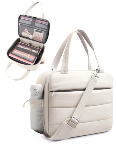 Puffer Zipper Binder 3 Ring with Pencil Pouch, 3" D-ring Binder with Zipper and Shoulder Strap, 600+ Sheets Capacity Zip Up Binder with 15.6" Laptop Pocket, Binder Bag for School College Office, Beige - color: Beige