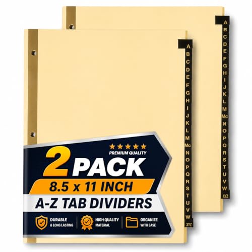 1InTheOffice A-Z Tab Dividers, Alphabet Dividers for 3 Ring Binder, 3 Ring Binder Dividers with Tabs, Leather Tabs, 8 1/2" x 11", 25 Tabs, Black (2 Pack)